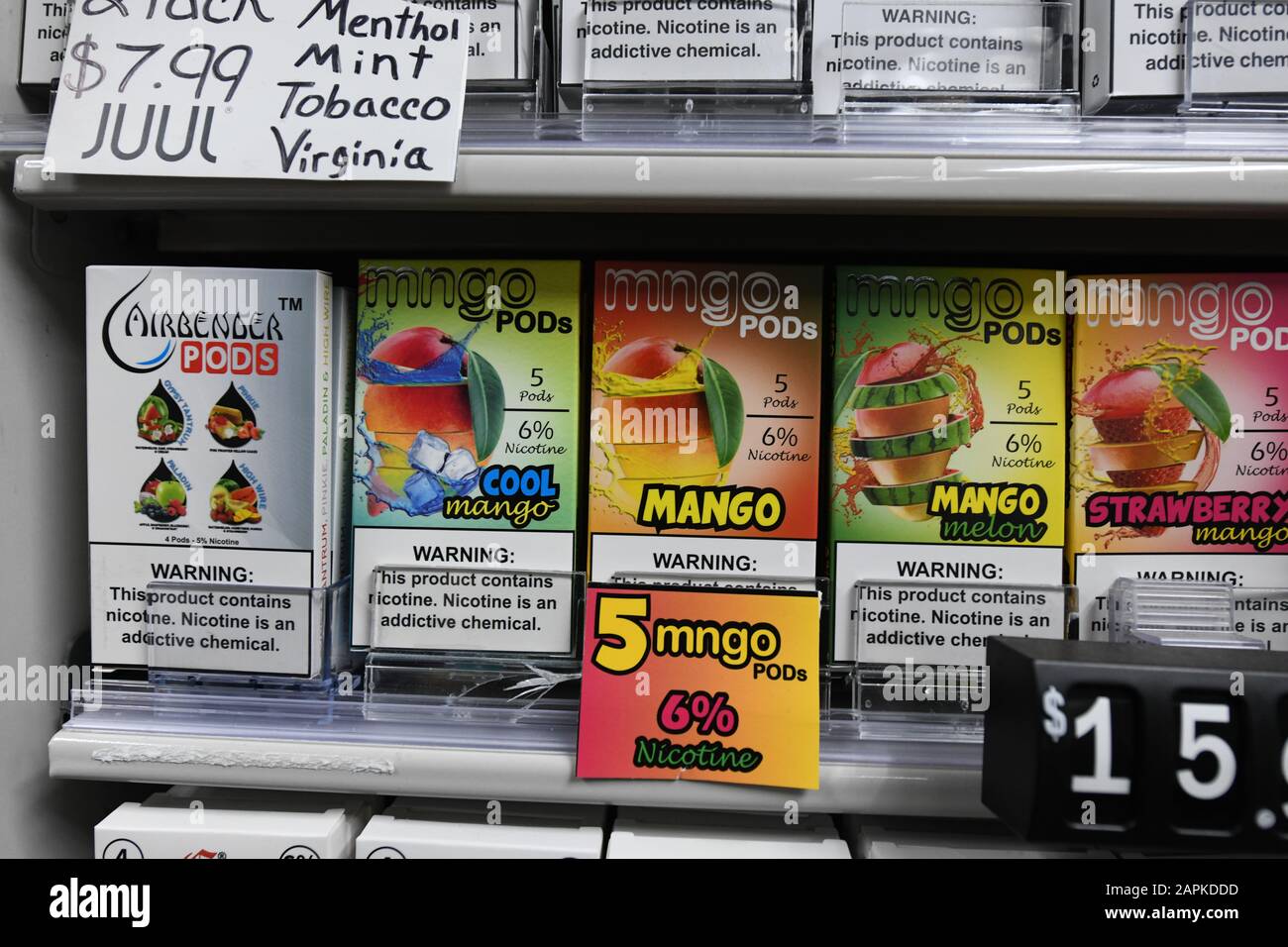 Racine, Wisconsin, USA. 15th Sep, 2019. Vaping and E-cigarette products,  including flavored ones which President Donald J. Trump said he wants to ban,  are for sale Sunday September 15, 2019 at Discount