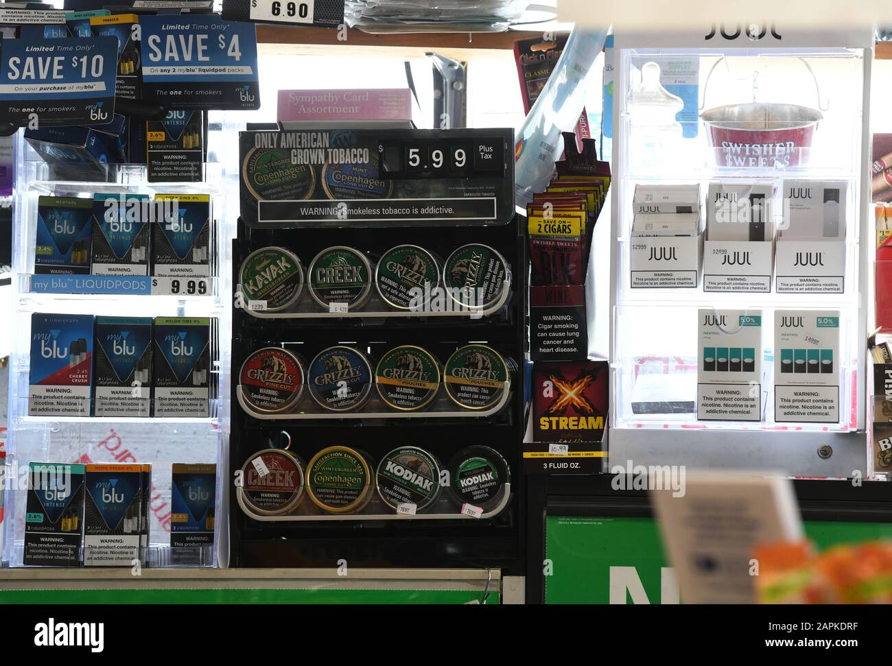 Racine, Wisconsin, USA. 10th Sep, 2019. Vaping and e-cigarette products are  sold behind the counter at the MJ Petroleum gas station and convenient mart  in Racine, Wisconsin, Tuesday September 10, 2019. Credit: