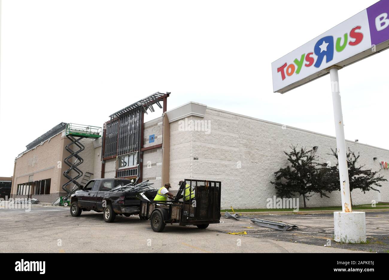 Racine Wisconsin USA. 19th Aug 2019. Workers at the former Toys R Us store in Racine Wisconsin work on converting it to a Burlington Coat Factory store Monday August 19 2019. The
