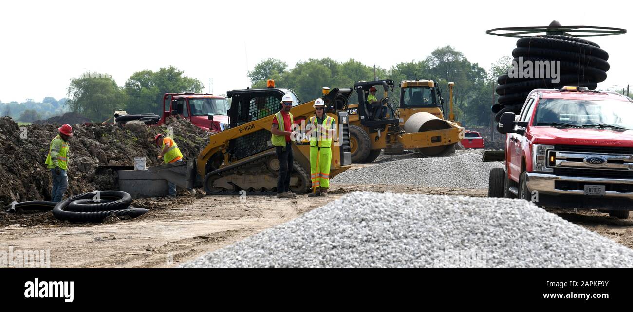 June 18, 2019 - Mount Pleasant, Wisconsin, USA - Construction continues as workers widen access roads from I-94 to the proposed Foxconn campus in the Village of Mount Pleasant, Wisconsin Tuesday June 18, 2019. (Credit Image: © Mark Hertzberg/ZUMA Wire) Stock Photo