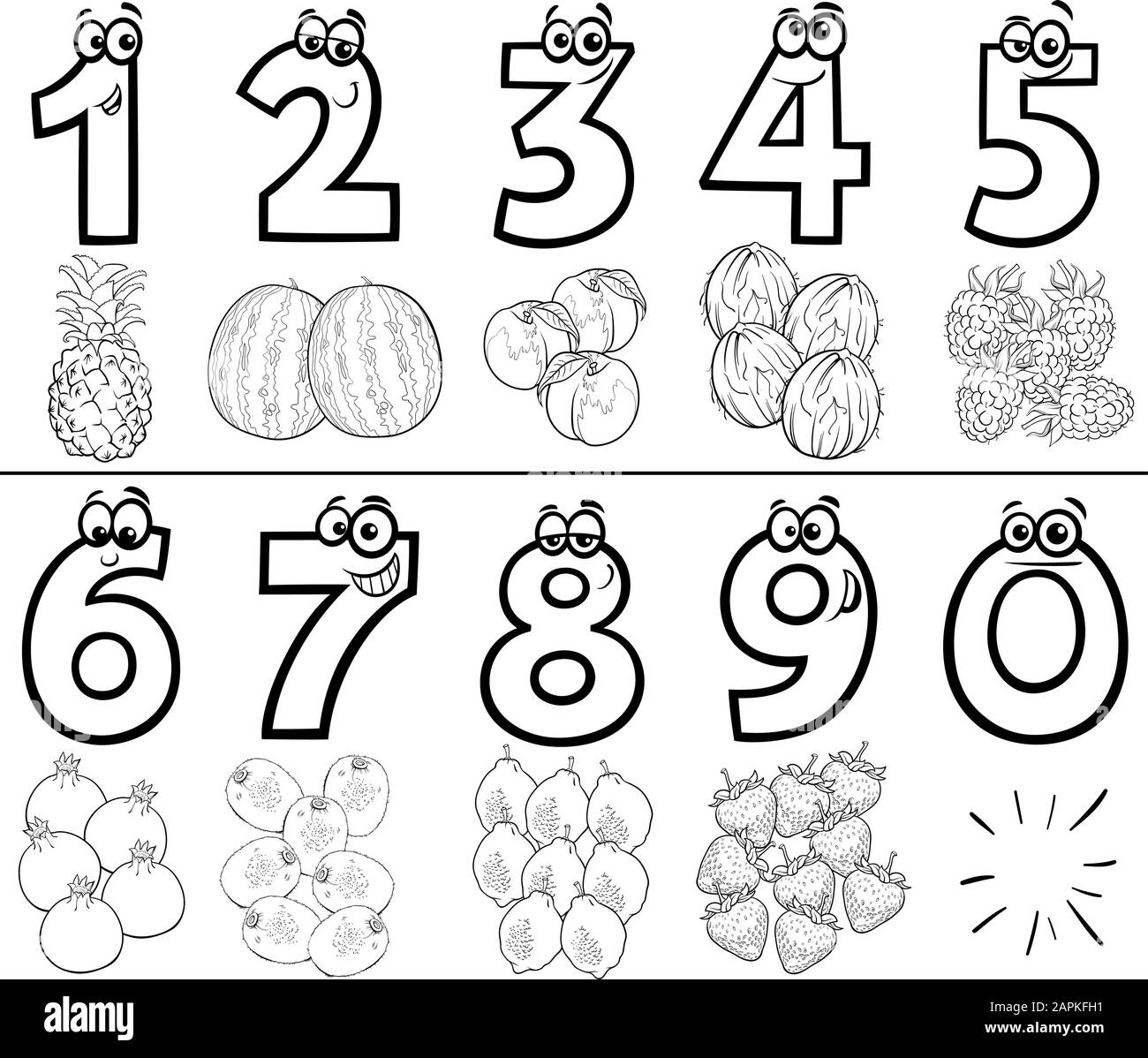 Black and White Cartoon Illustration of Educational Numbers Set from One to Nine with Fruits Food Objects Coloring Book Page Stock Vector