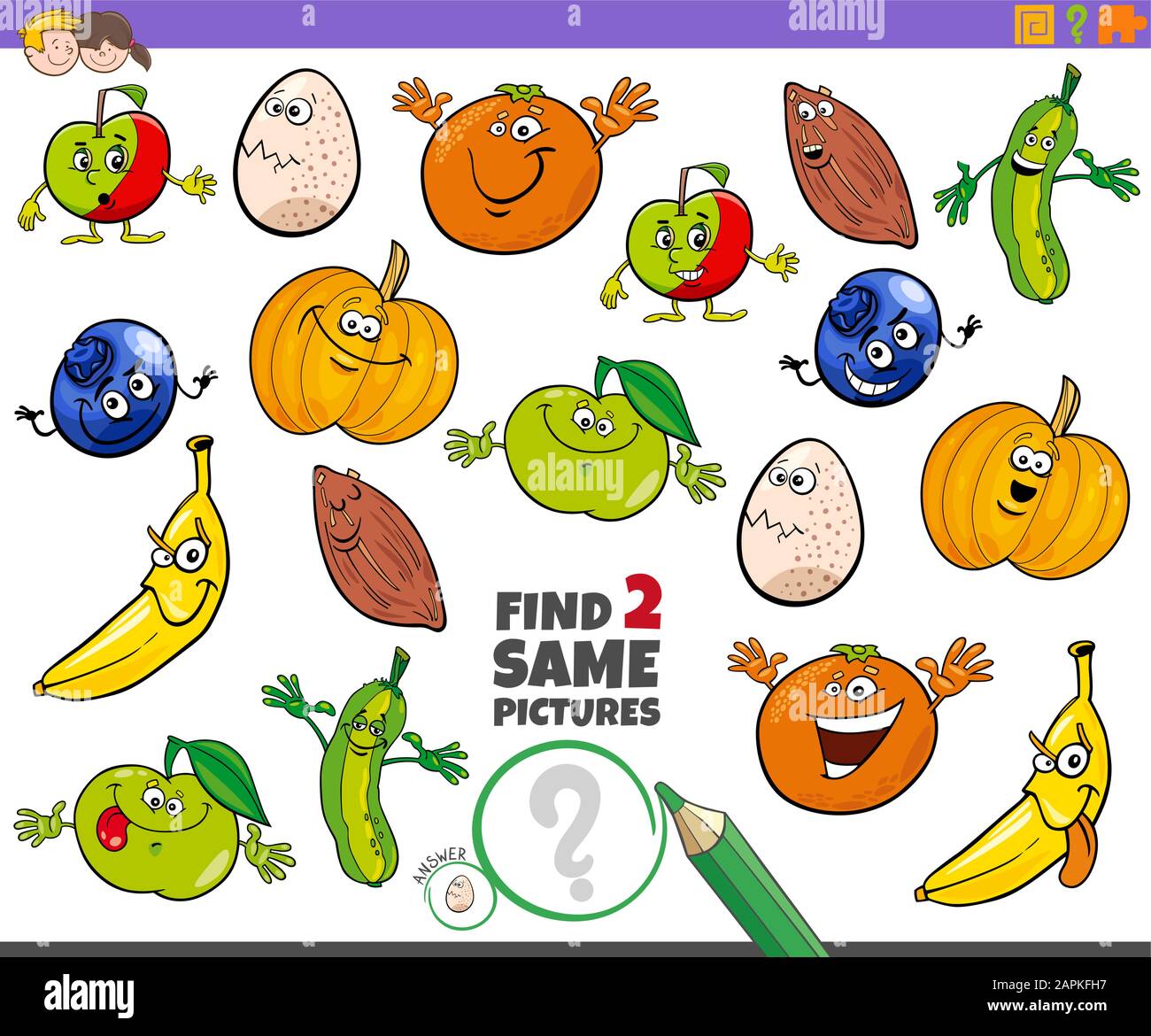 Cartoon Illustration of Finding Two Same Pictures Educational Activity Game for Children with Vegetables and Fruits and Food Characters Stock Vector Image & Art - Alamy Cartoon Illustration of Finding Two Same Pictures Educational Activity Game for Children with Vegetables and Fruits and Food Characters Stock Vector Image & Art - Alamy