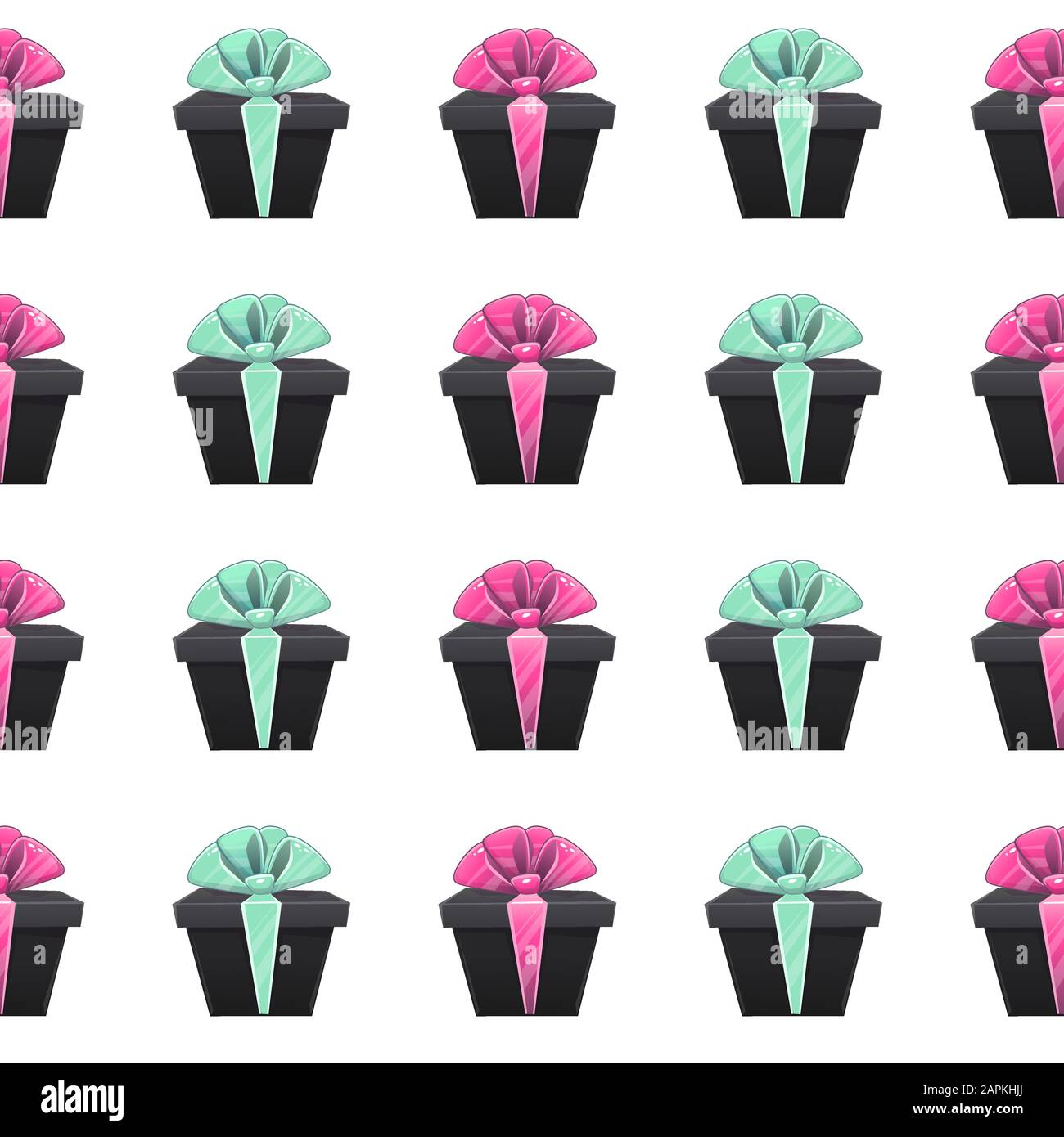 Gift box seamless pattern with presents boxes ribbon bow celebration surprise birthday wrapping paper or textile repeatable decor , vector cartoon . i Stock Vector