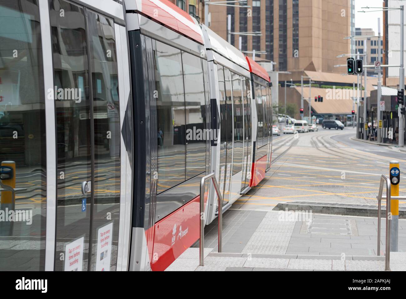 Dec 2019:One of the new Sydney light rail trams on George Street Sydney, Australia. The tram travels between the suburbs of Randwick and Circular Quay Stock Photo