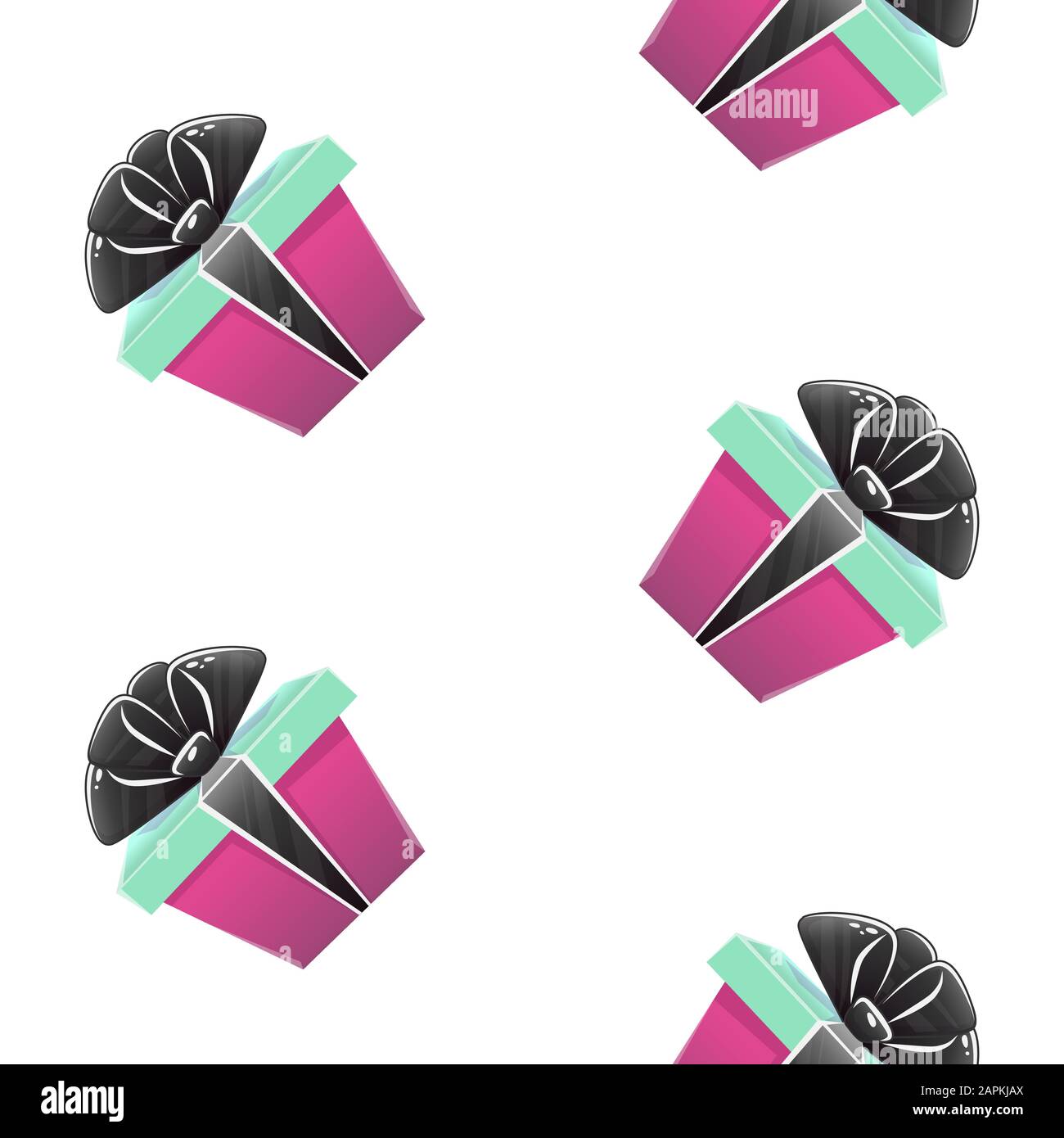 Gift box seamless pattern with presents boxes ribbon bow celebration surprise birthday wrapping paper or textile repeatable decor , vector cartoon . i Stock Vector