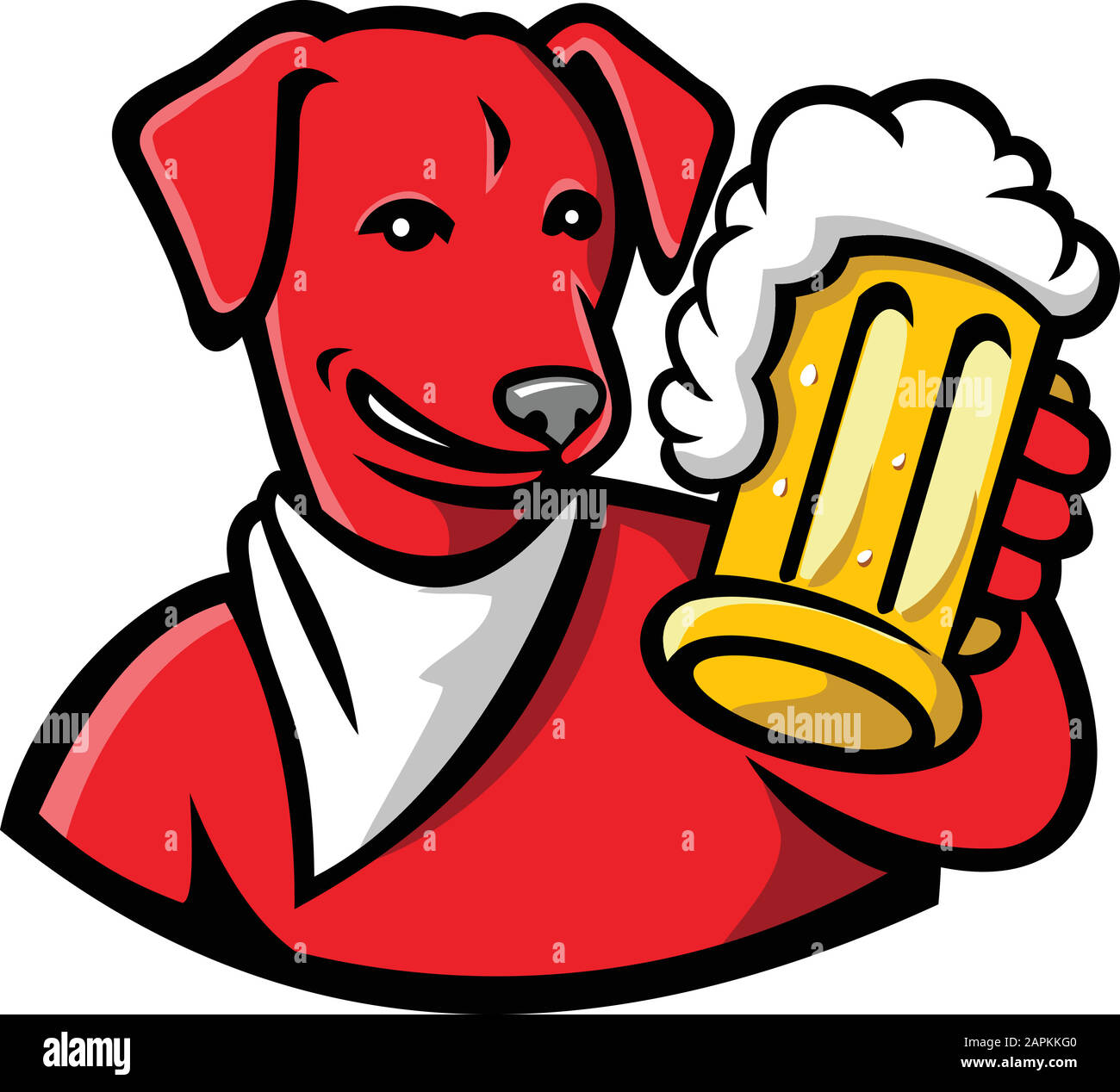 Sports mascot icon illustration of head of a red English Lab or Labrador dog holding a beer mug toasting  viewed from front on isolated background in Stock Vector