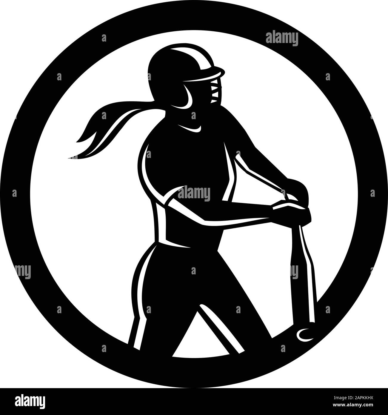 Mascot icon illustration of a female softball player batting with bat