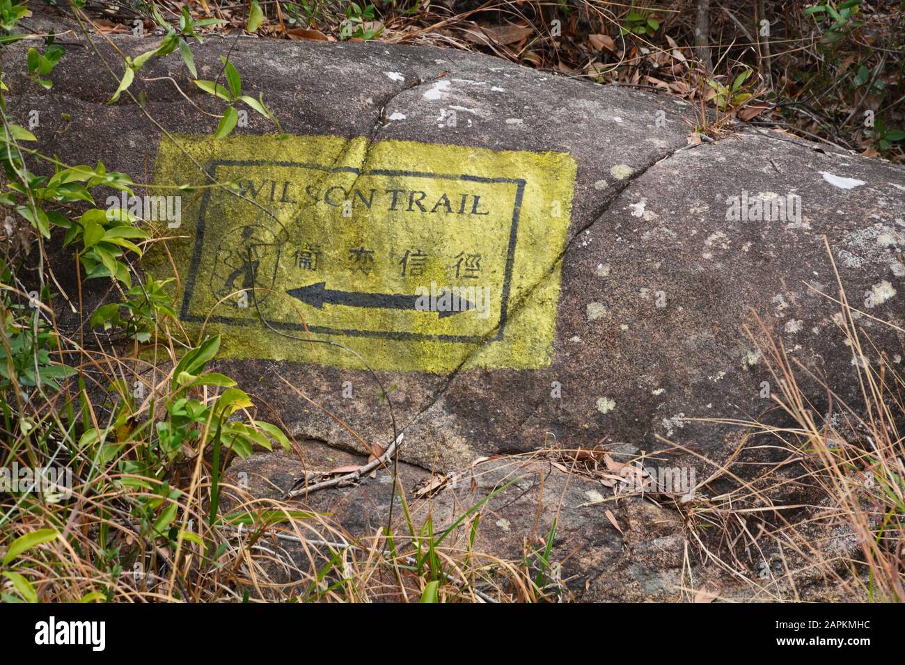 A sign painted on a bolder for Wilson Trail in the hills above Hong Kong. Stock Photo