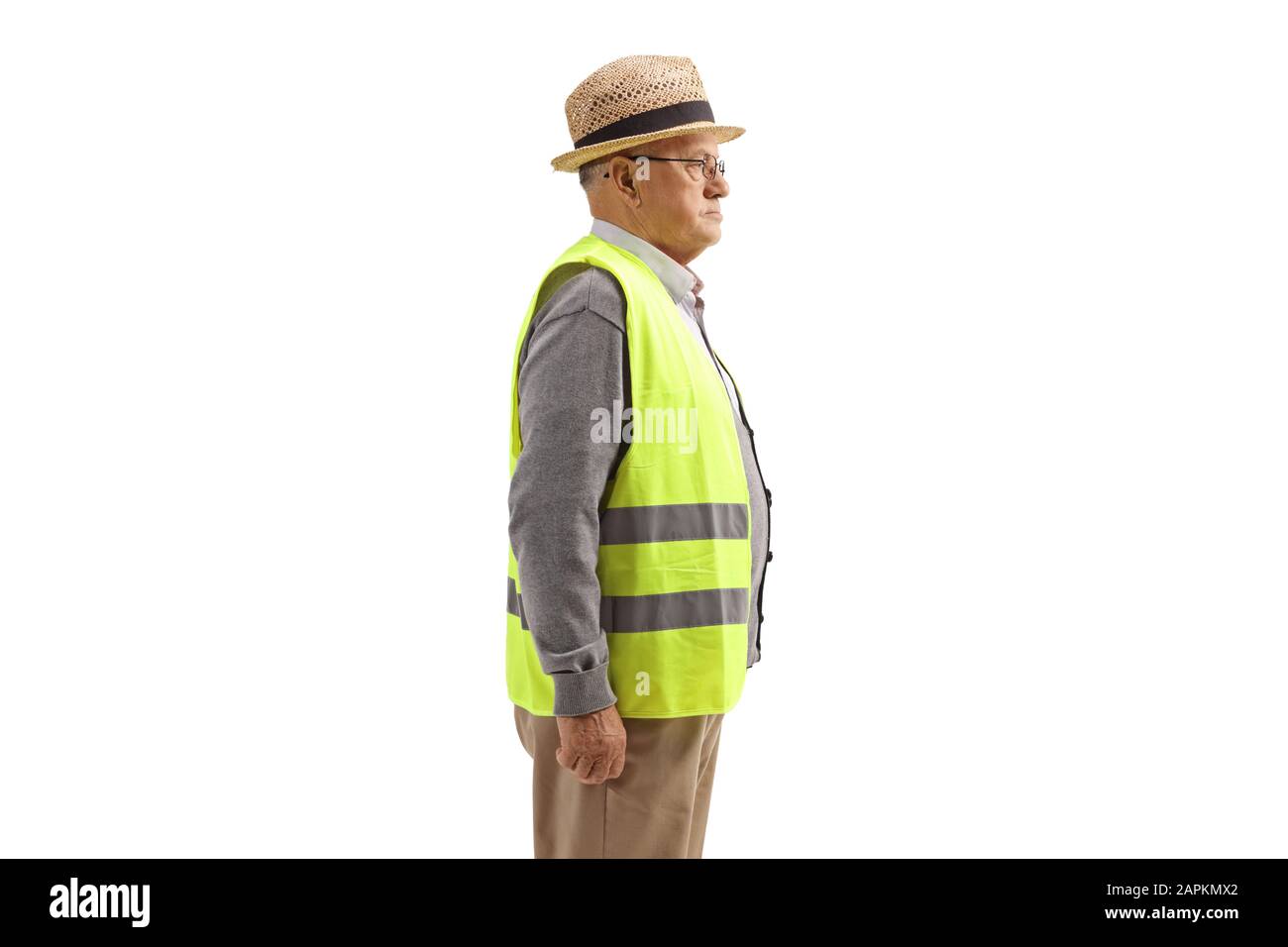 Elderly man with a safety vest standing isolated on white background Stock Photo