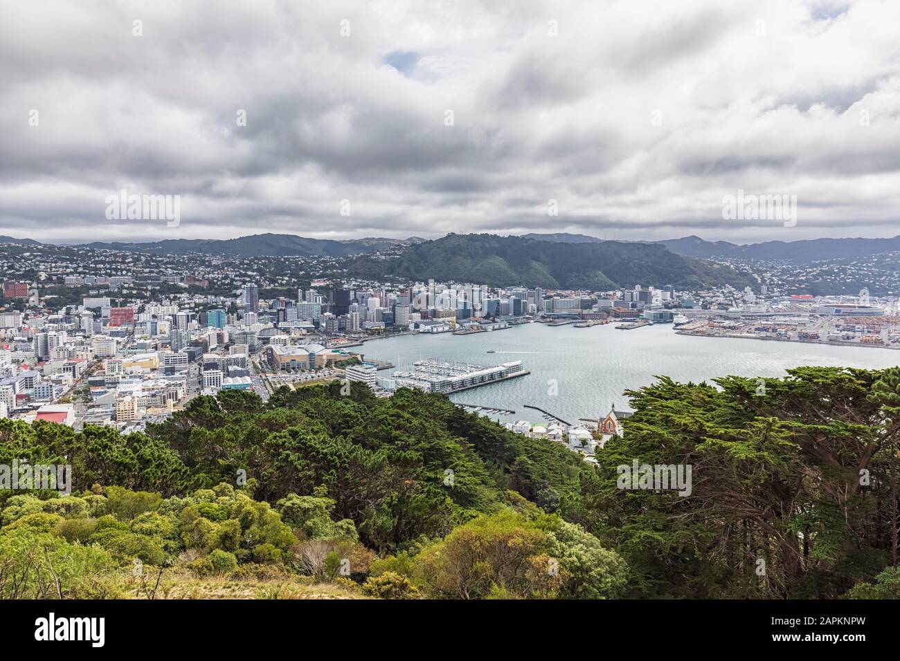 New Zealand, Wellington, Clouds over coastal city seen from summit of Mount Victoria Stock Photo