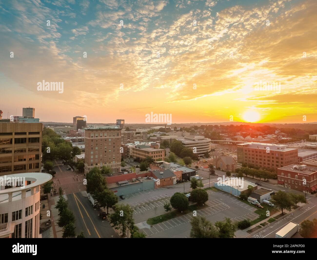 High angle shot of a beautiful cityscape in Greenville, South Carolina during sunset Stock Photo