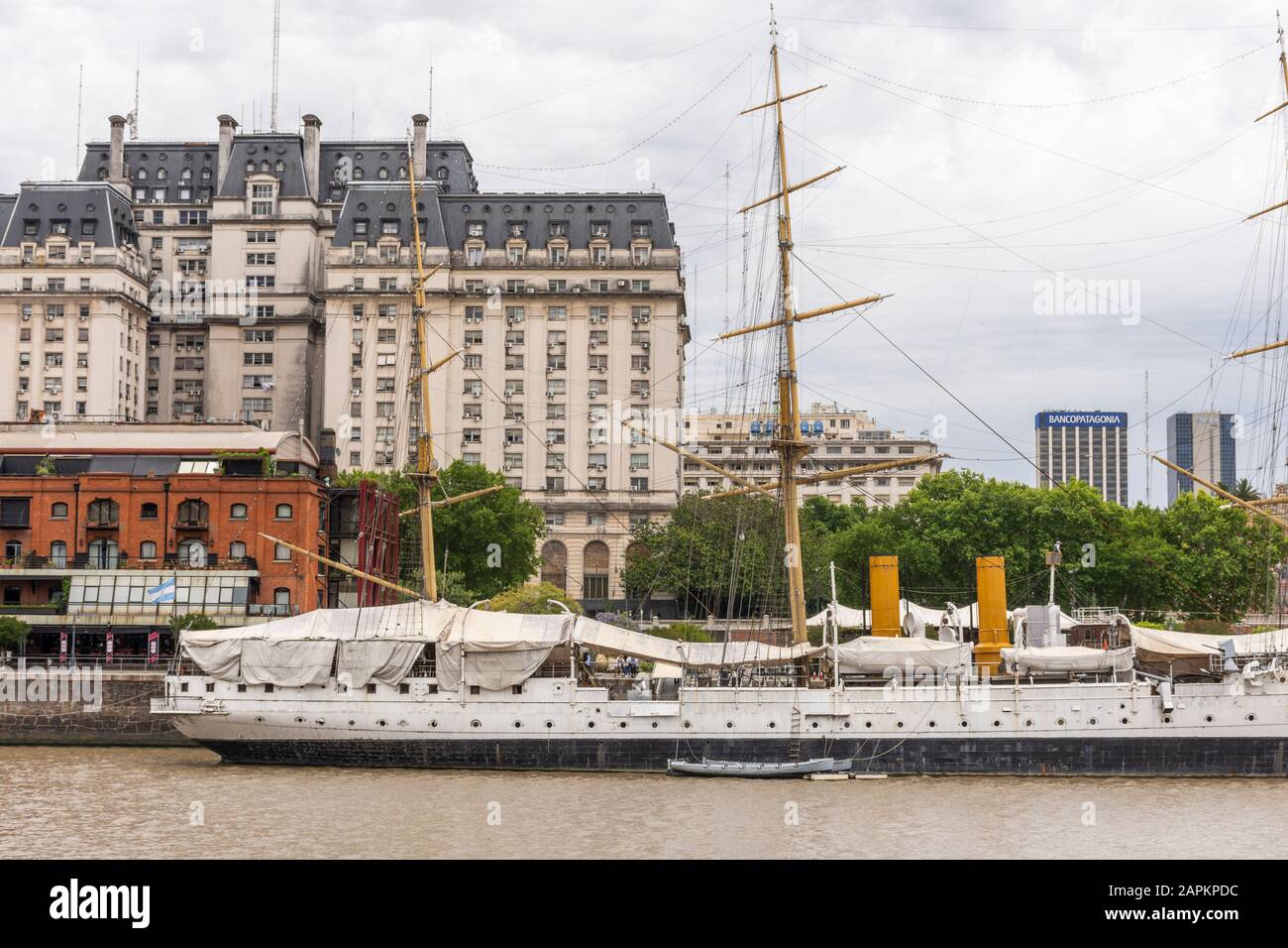 Beautiful view to historic frigate ship and buildings in Puerto Madero, Buenos Aires, Argentina Stock Photo