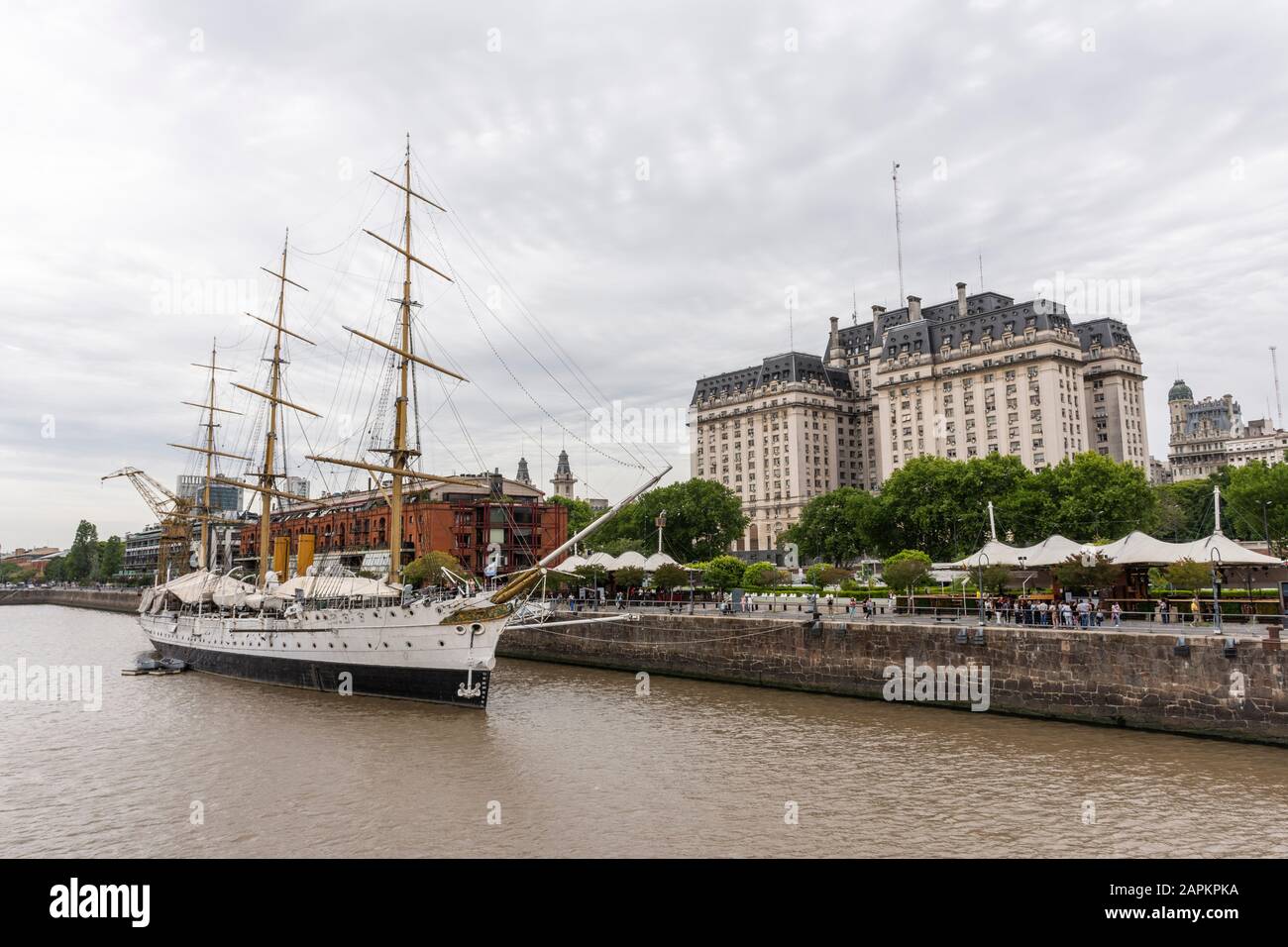 Beautiful view to historic frigate ship and buildings in Puerto Madero, Buenos Aires, Argentina Stock Photo