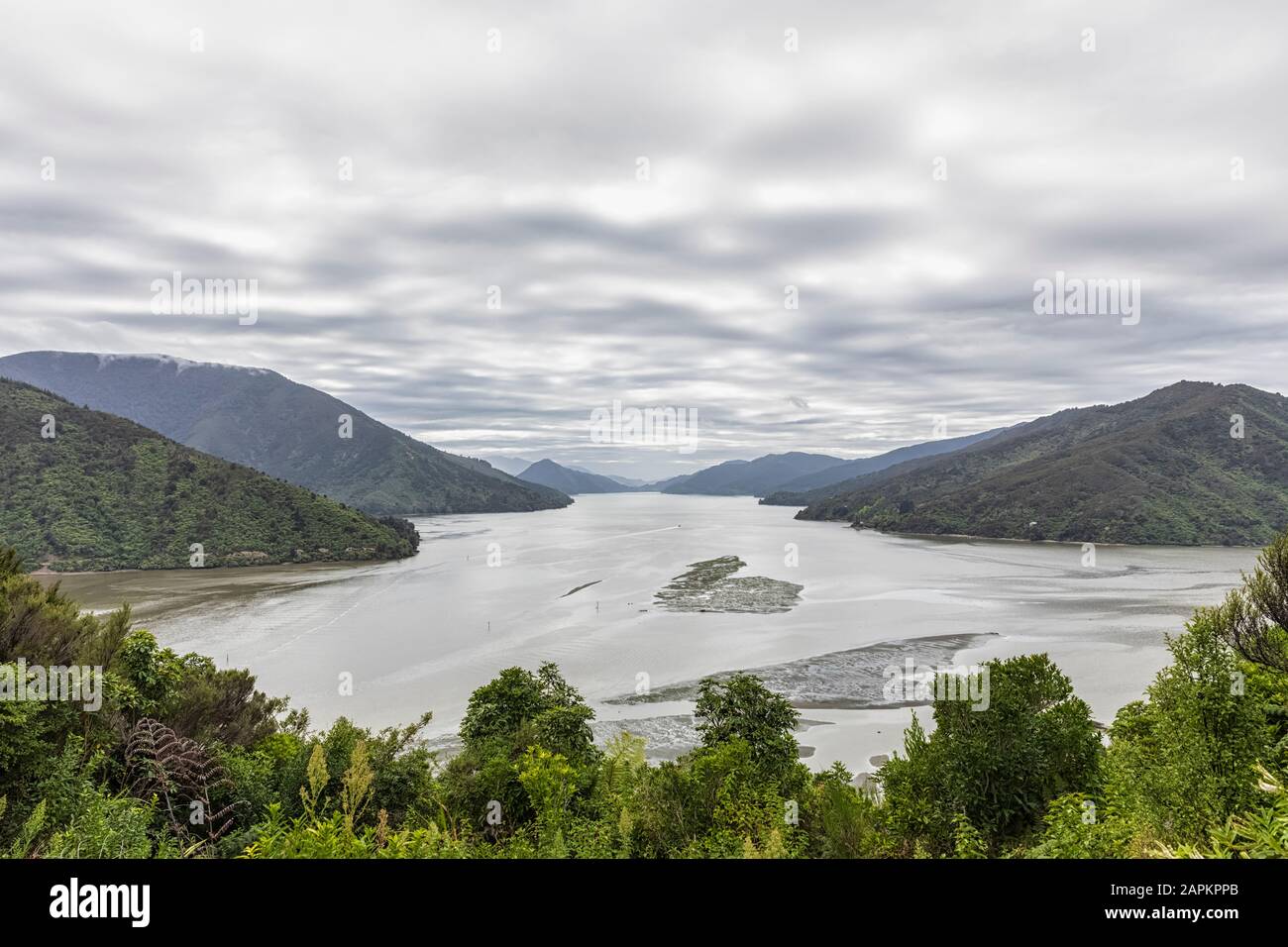 New Zealand, Marlborough Region, Havelock, Clouds over Pelorus Sound seen from Cullen Point lookout Stock Photo