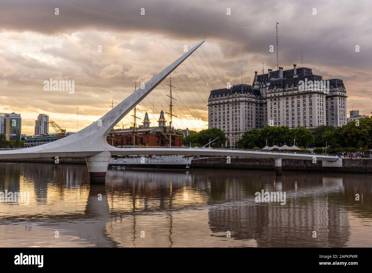 Beautiful sunset view to modern bridge and buildings in Puerto Madero, Buenos Aires, Argentina Stock Photo