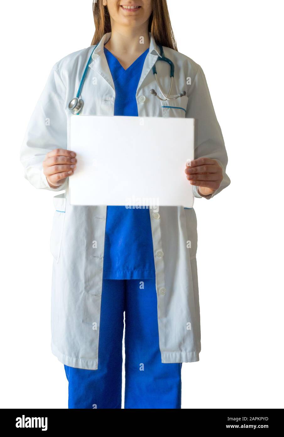 Female doctor in a blue medical uniform holding a blank white paper ...