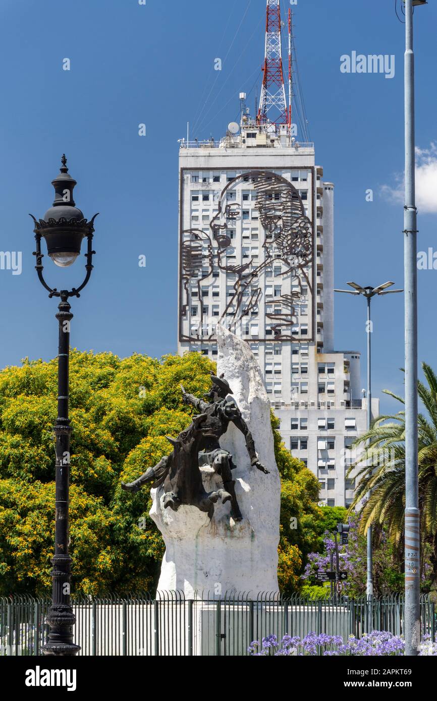 Beautiful view to white statue and Health Ministry building in central Buenos Aires, Argentina Stock Photo