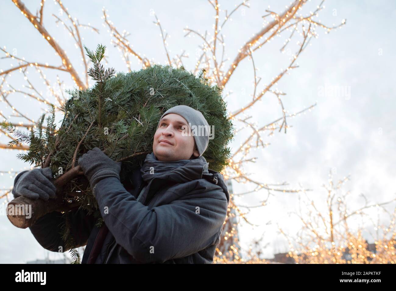Young man with fir tree on his shoulder Stock Photo