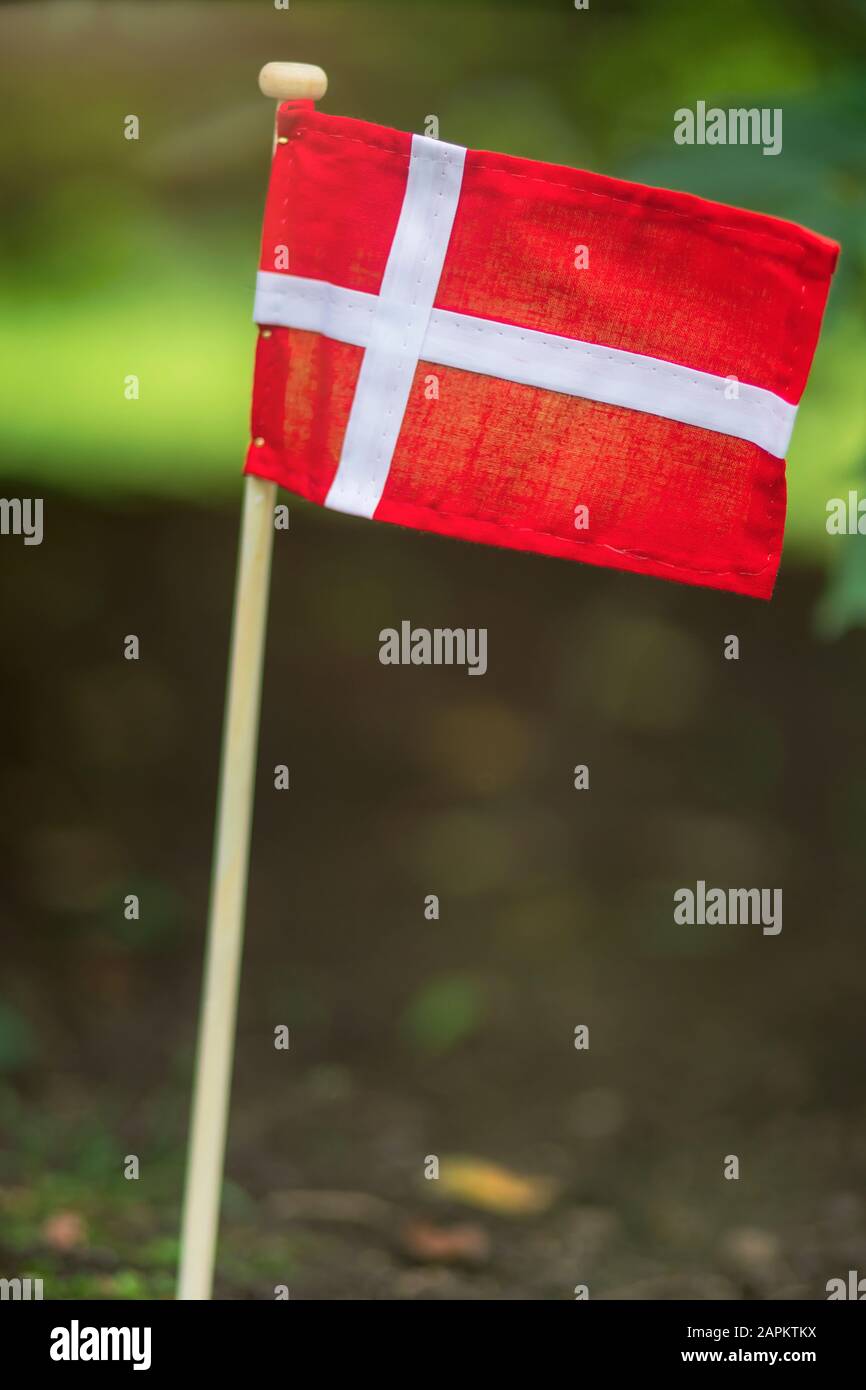 Denmark, Aarhus, Danish flag in front yard Stock Photo