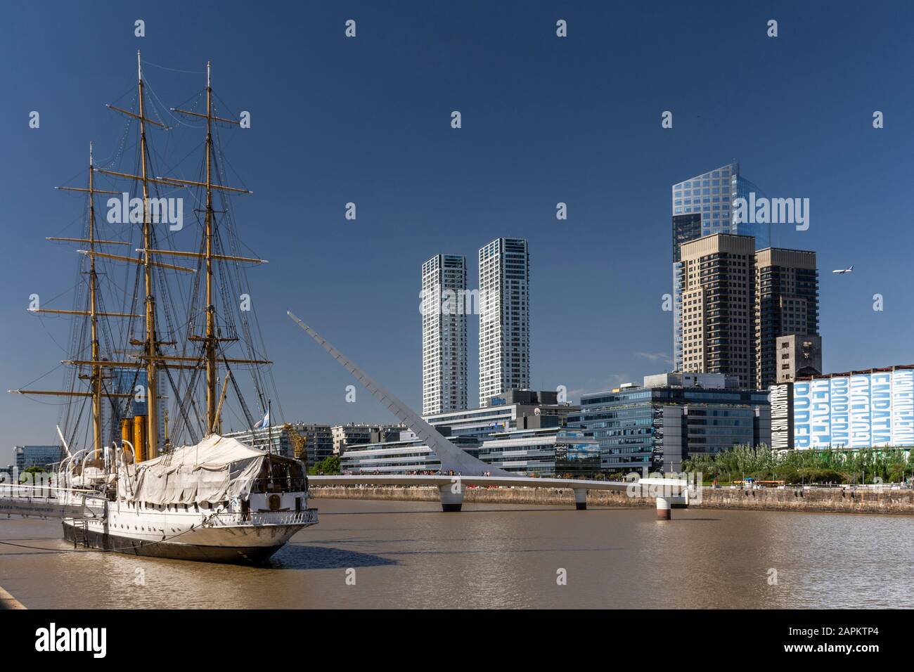 Beautiful view to historic frigate and modern buildings in Puerto Madero, Buenos Aires, Argentina Stock Photo