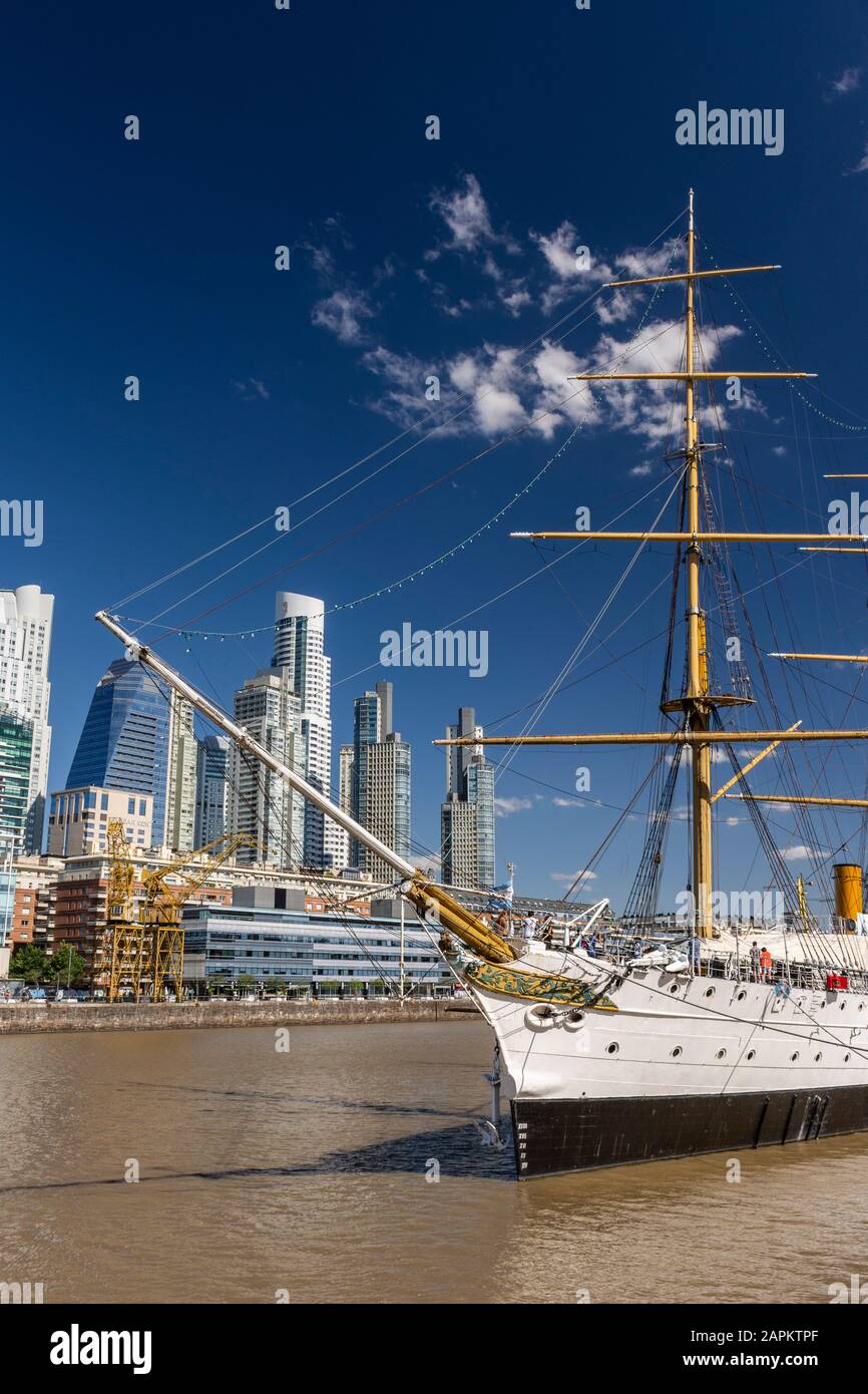 Beautiful view to historic frigate and modern buildings in Puerto Madero, Buenos Aires, Argentina Stock Photo