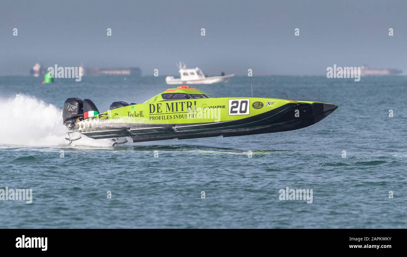 UIM 2019 Xcat World Championship, Sunset Beach Dubai. De Mitri, crew Alfredo Amato, Saul Bubacco. Stock Photo