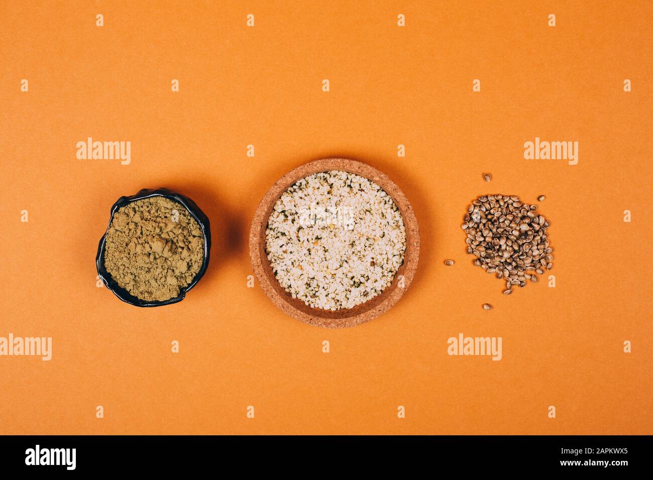 Different types of uses for hemp. Seeds, protein and powder. Flat lay style. Stock Photo