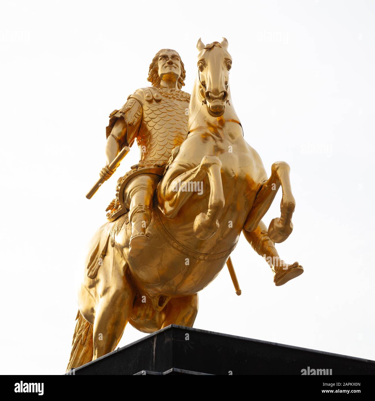 Germany, Saxony, Dresden, Low angle view of gold equestrian statue of ...