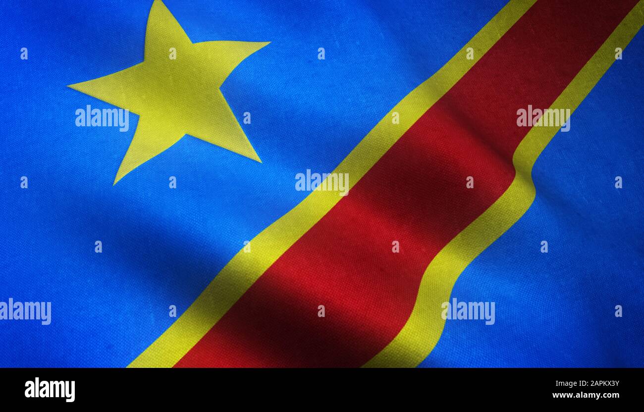 Closeup shot of the realistic flag of the Democratic Republic of Congo with interesting textures Stock Photo