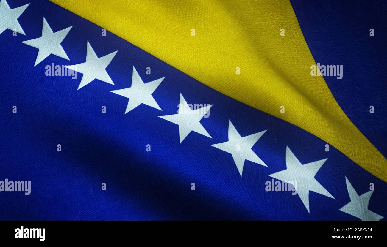 Closeup shot of the flag of Bosnia and Herzegovina with interesting textures Stock Photo