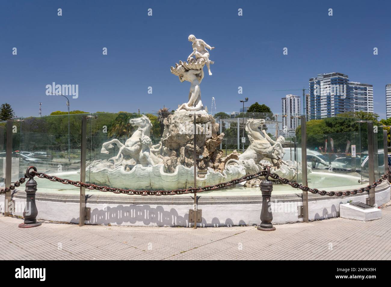 View to white fountain statue in Puerto Madero, Buenos Aires, Argentina Stock Photo