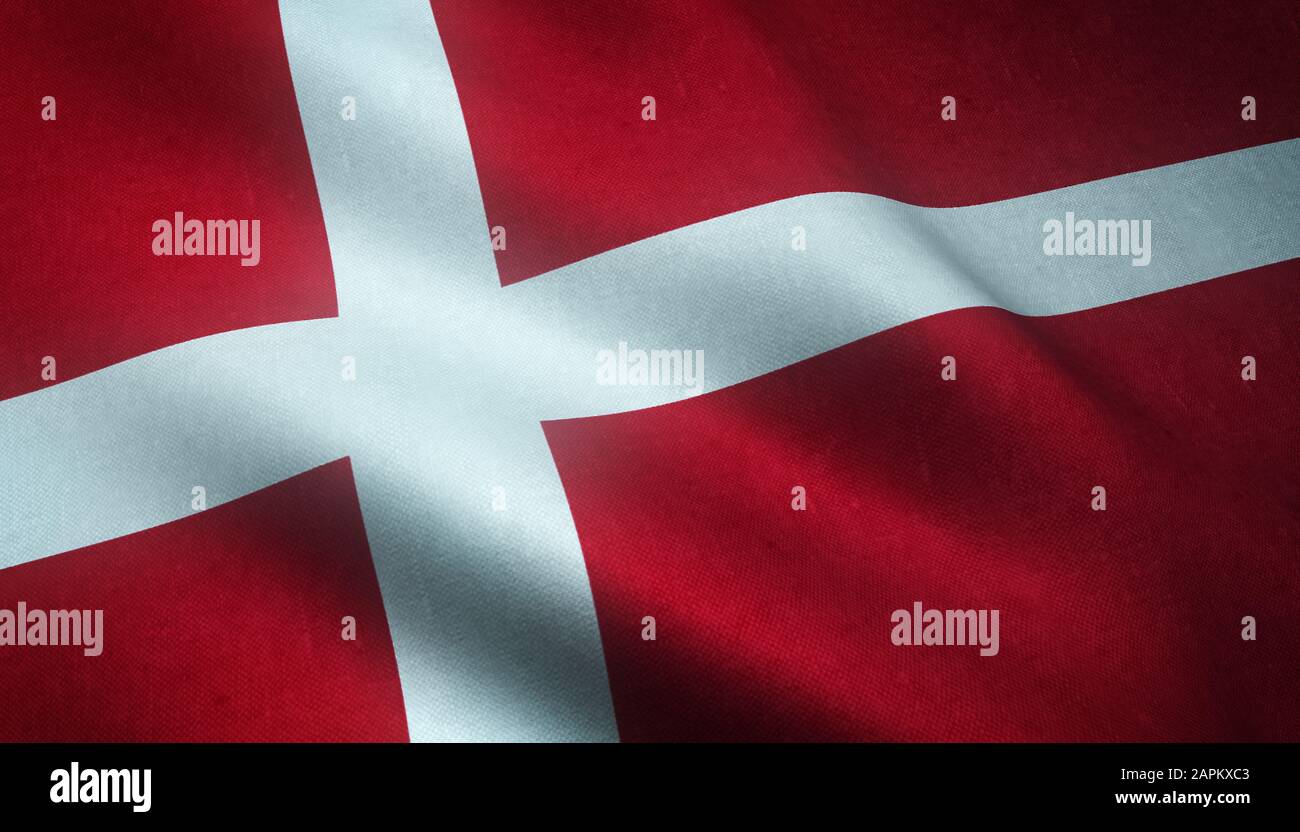 Closeup shot of the waving flag of Denmark with interesting textures Stock Photo