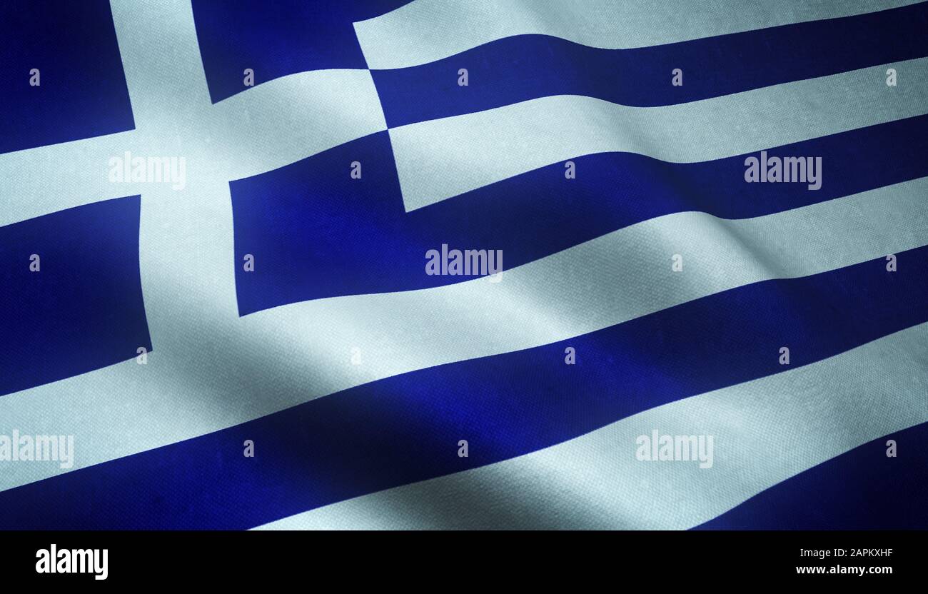 Closeup shot of the waving flag of Greece with interesting textures Stock Photo