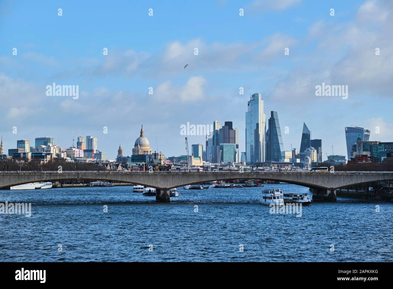 UK, England, London, Waterloo Bridge with city skyline in background Stock Photo