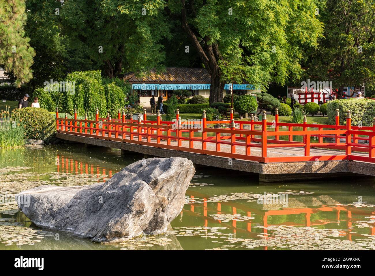 Beautiful view to red bridge in Japanese Gardens park in Palermo, Buenos  Aires, Argentina Stock Photo - Alamy