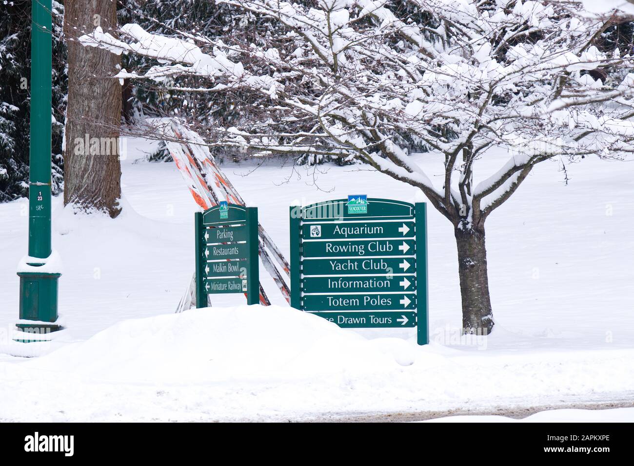 Vancouver, Canada January 15, 2020 View of direction sign board covered in snow in Stanley