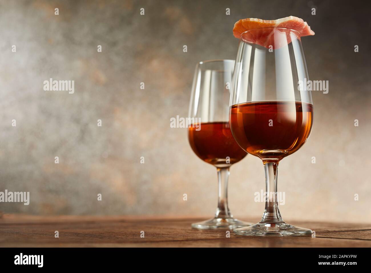 Studio shot two glasses traditional spanish sherry hires stock
