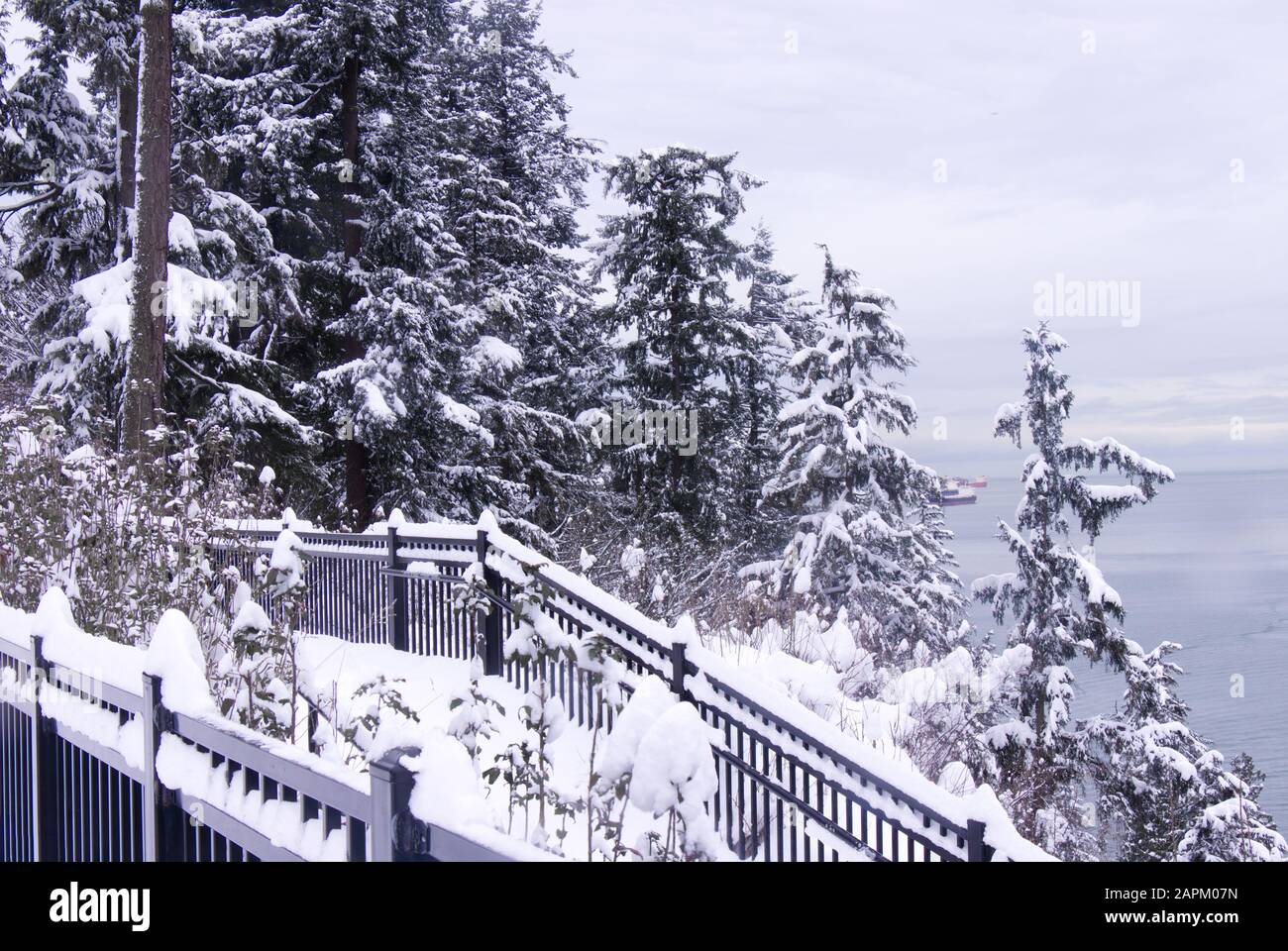 View of Prospect Point Lookout in Stanley Park. Snowfall and extreme