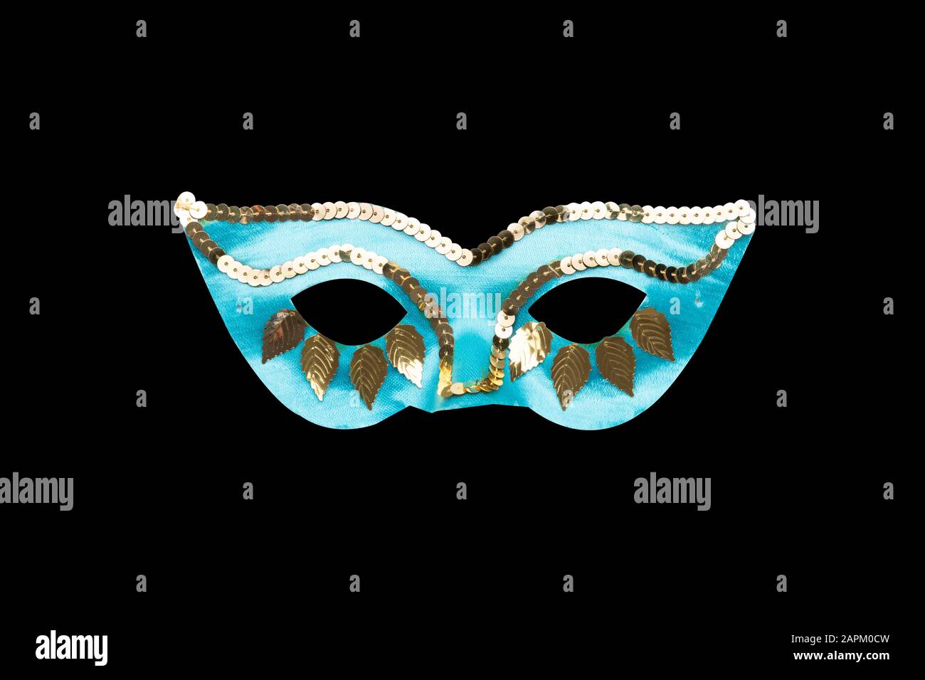 Light blue carnival mask with golden beads and leaves Stock Photo