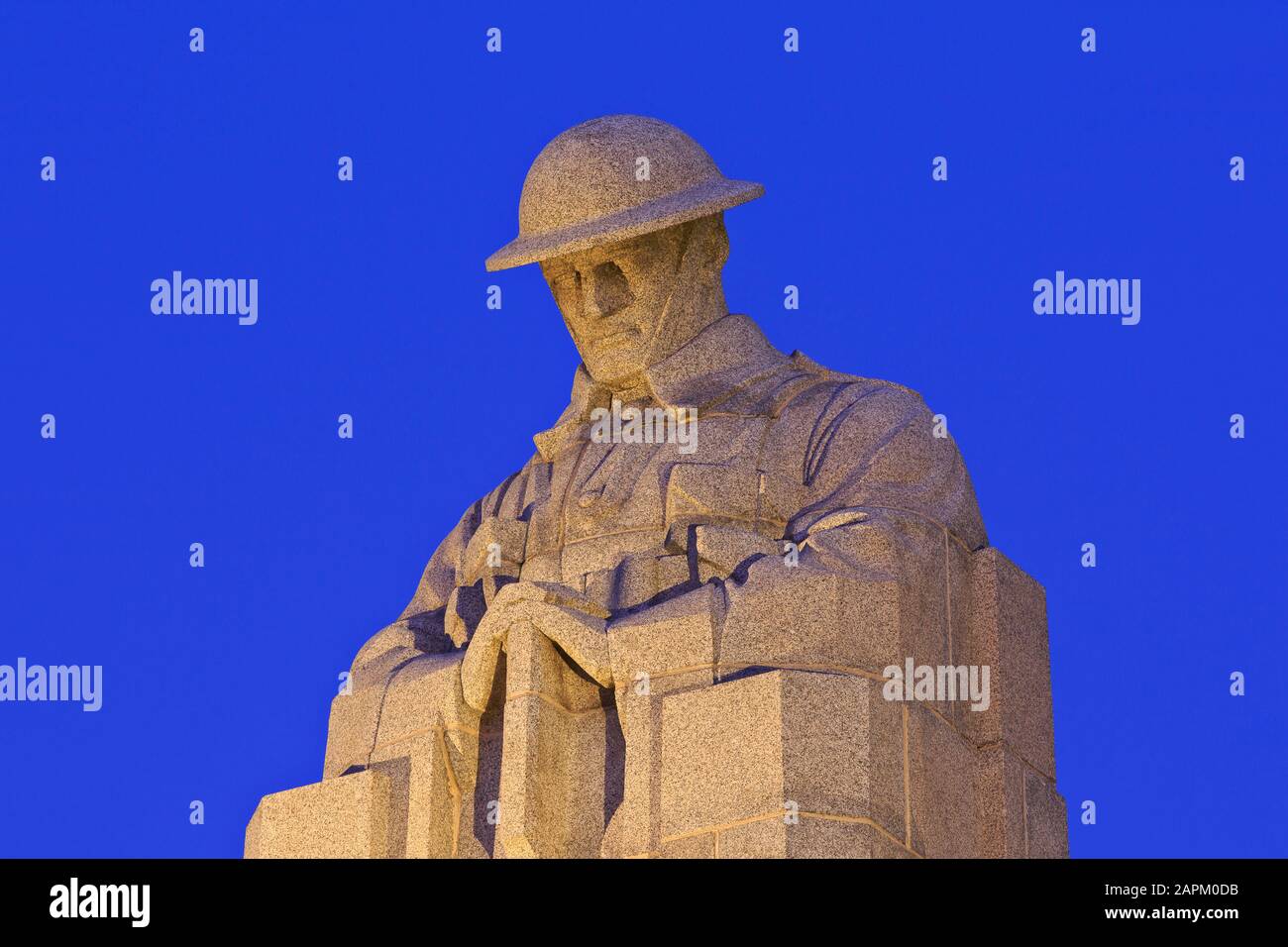 The Brooding Soldier statue at the Saint Julien Memorial marking the 1st German gas attacks from 22-24 April 1915 in Langemark-Poelkapelle, Belgium Stock Photo