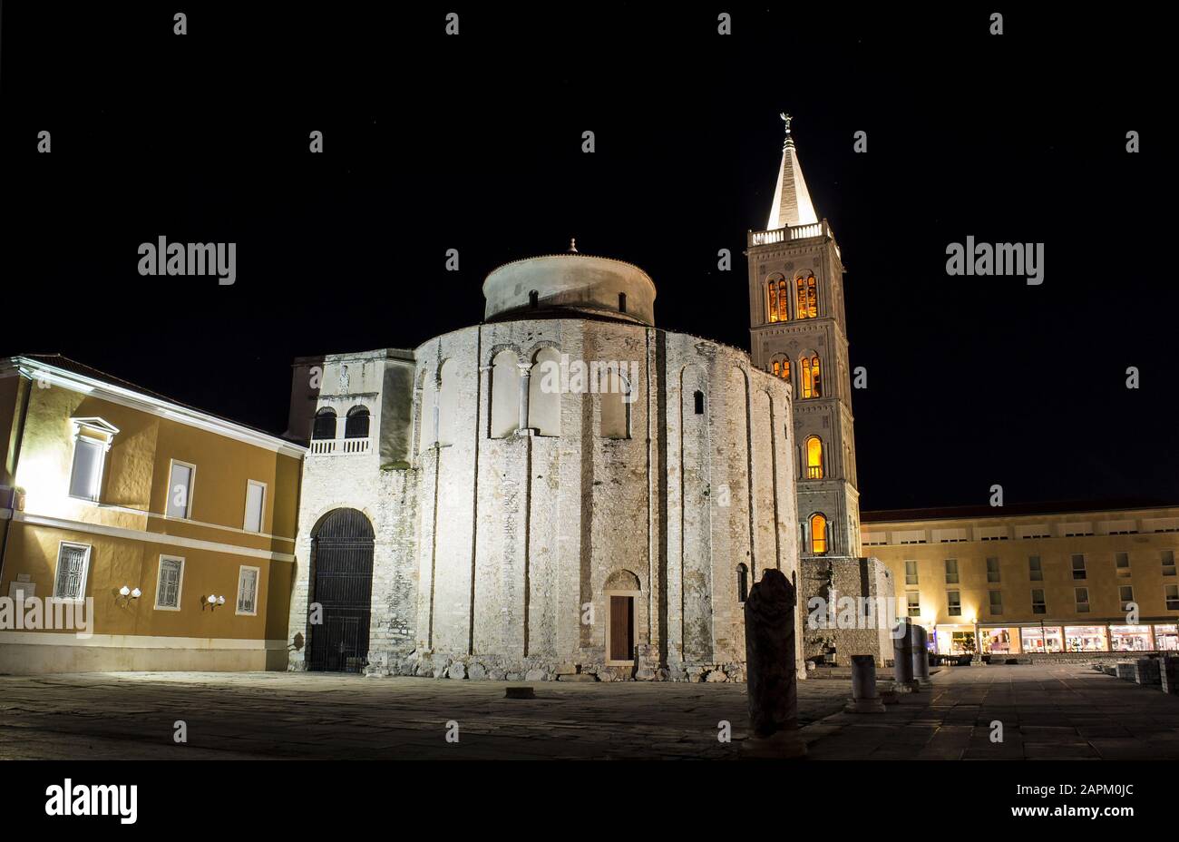 Panoramic shot of Church of St. Donatus in Zadar Croatia at night Stock Photo