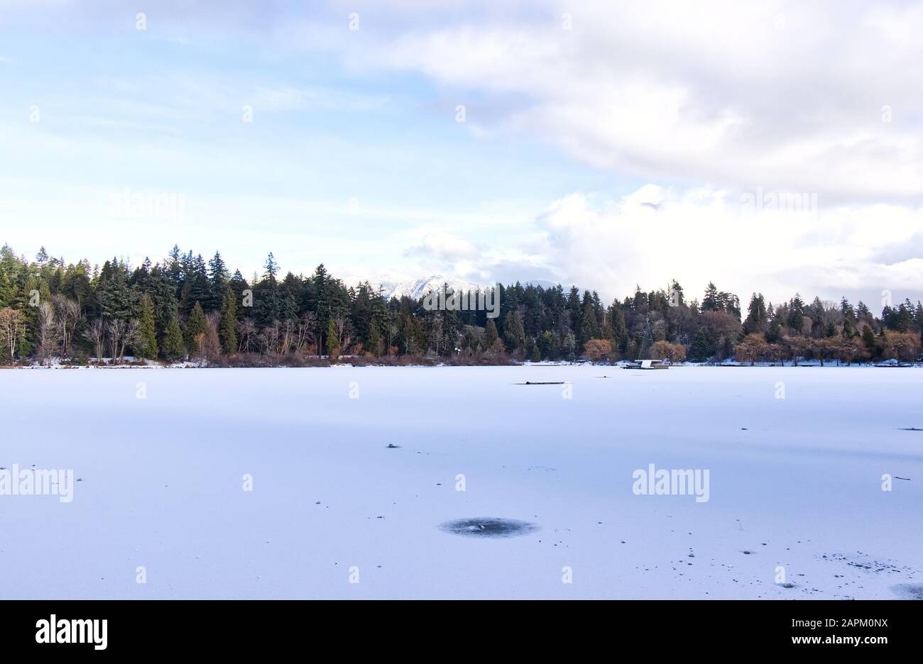 Frozen Lost Lagoon Lake in Stanley Park  during the snow storm and extreme cold weather in Vancouver Stock Photo