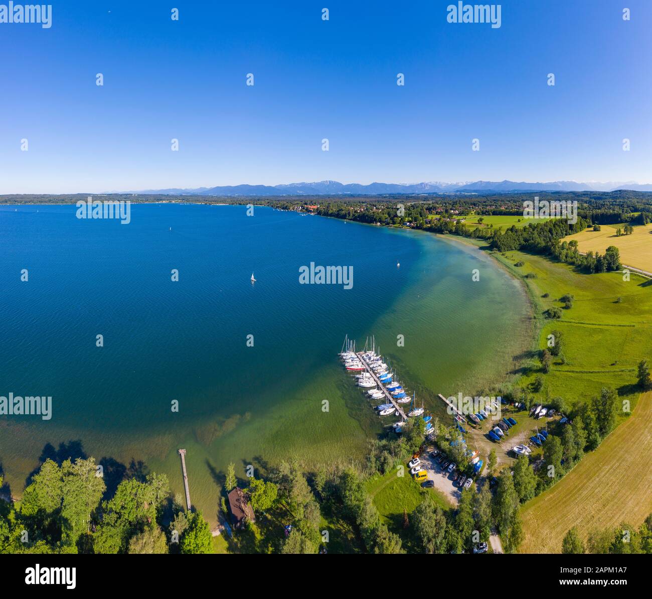 Bootssteg in Seeseiten bei Seeshaupt, Starnberger See, F�nfseenland, Luftbild, Oberbayern, Bayern, Deutschland Stock Photo