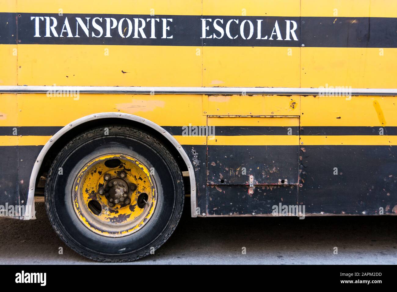 The detail of a school bus, Santiago de Cuba, Cuba. Stock Photo