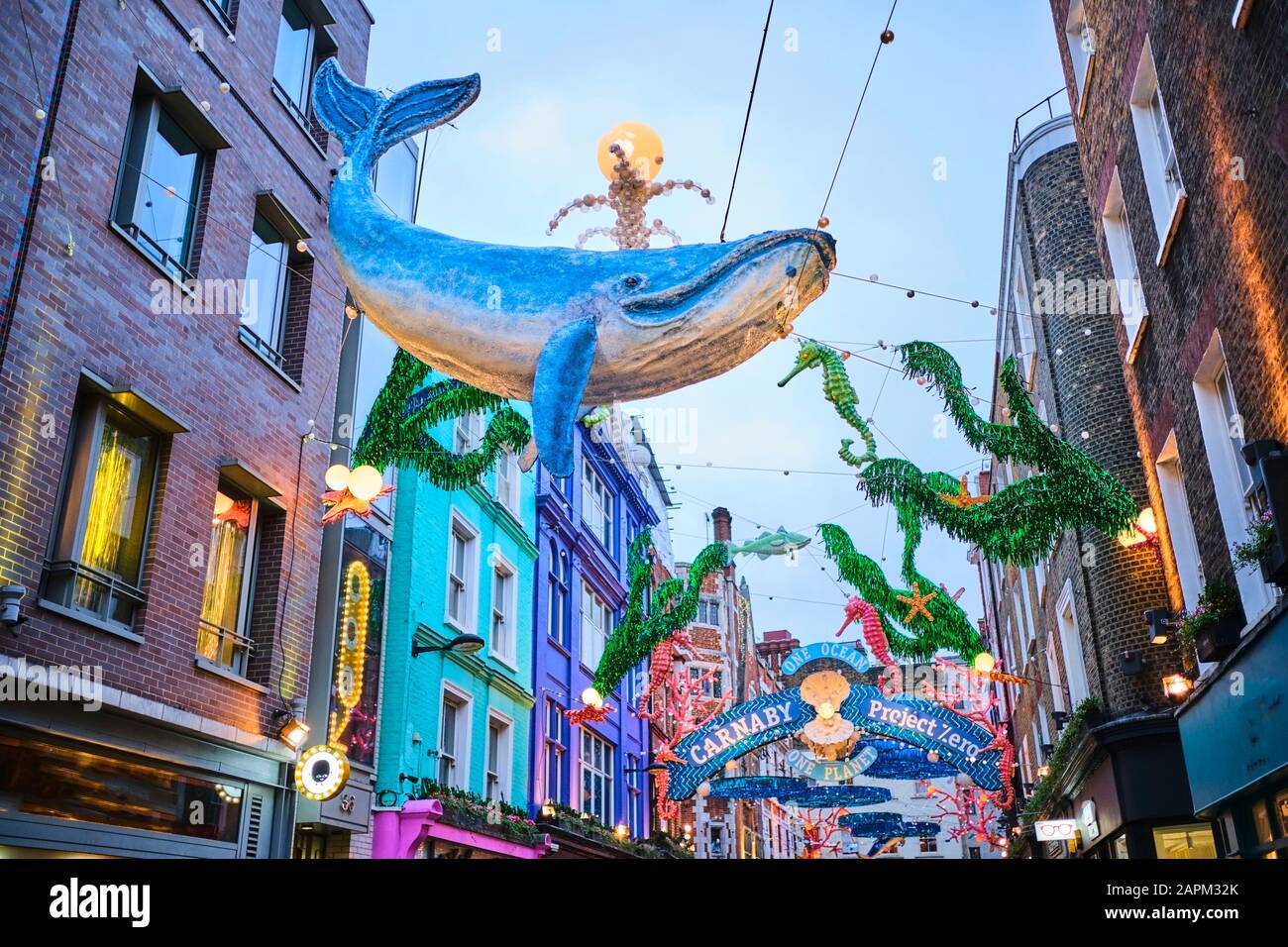 UK, England, London, Sealife decorations hanging over Carnaby Street during ocean conservation charity event Stock Photo