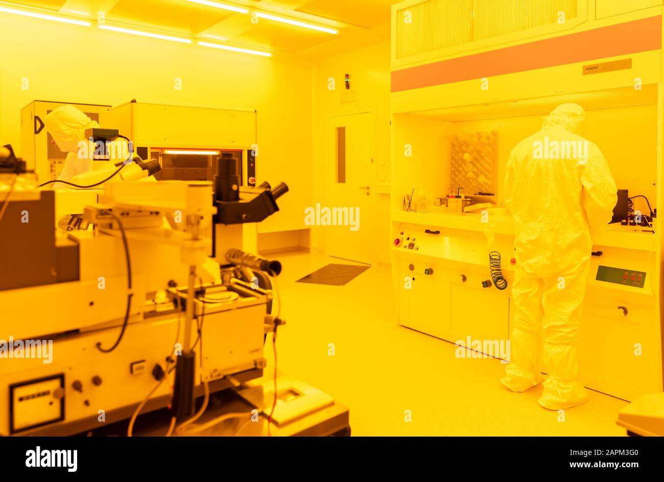 Scientist working in laboratory in artificial yellow light Stock Photo