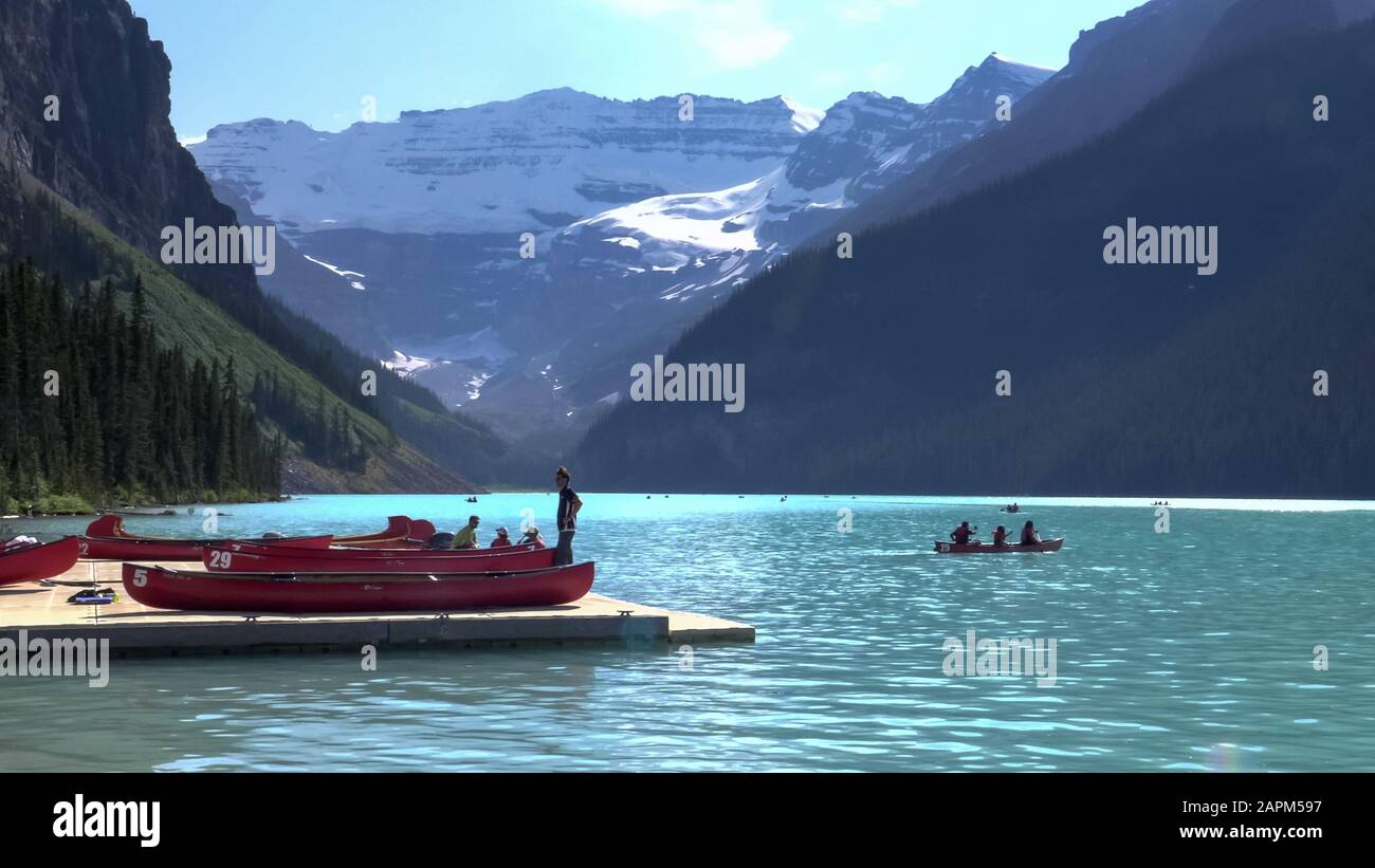 LAKE LOUISE CANADA JUL 5, 2018 canoe hire at lake louise in banff national park, canada Stock