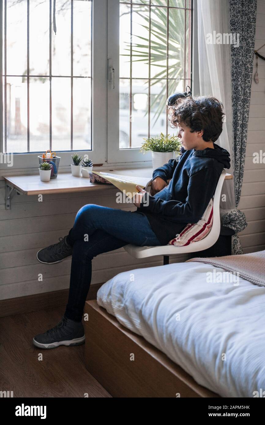 Boy reading book at home Stock Photo