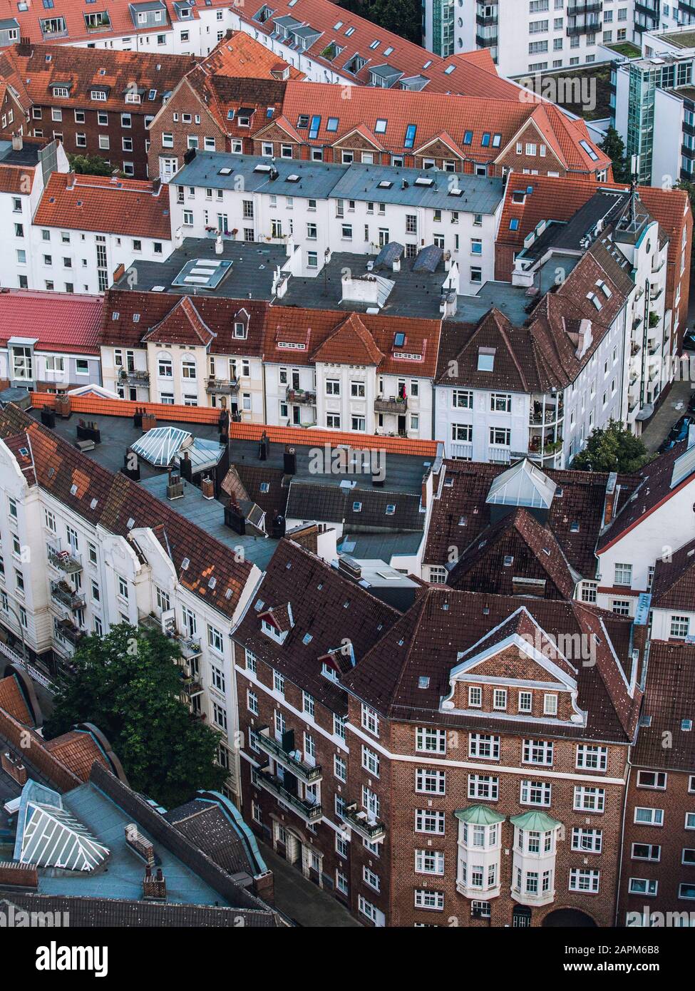 Germany, Hamburg, Aerial view of Neustadt apartment buildings Stock Photo