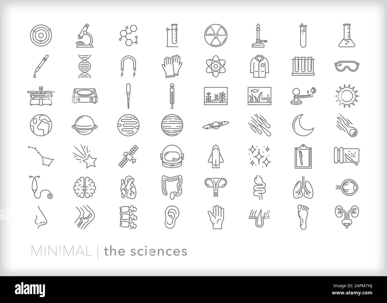 Set of more than 50 science education line icons of biology, physics, chemistry, anatomy, astronomy for learning and teaching basic science principles Stock Vector